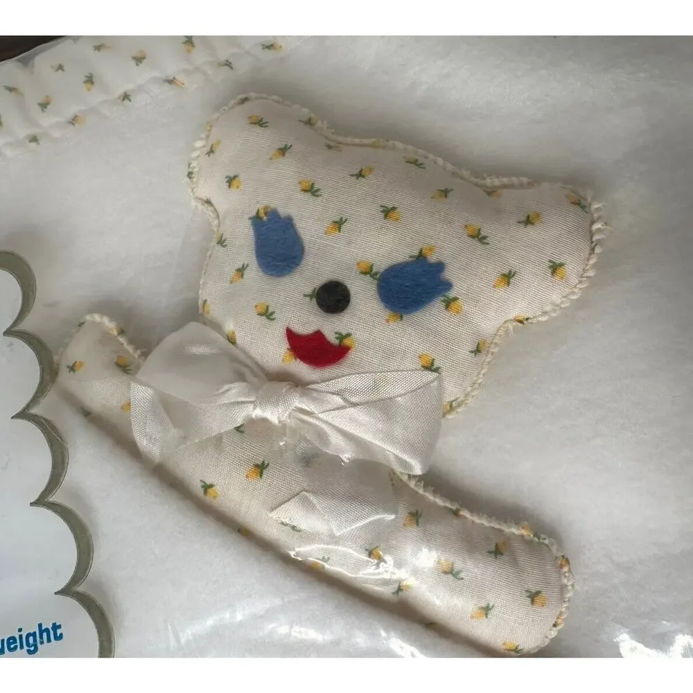 Vtg Bunnytex Baby Blanket Yellow White & Matching Teddy Lovey Unisex Floral Trim